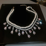 Pearl Choker Necklace with Tassel and Zircon Crystal Water Drop