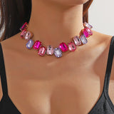 Pink Crystal Choker Necklace Geometric Clavicle Chain for Women