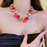 Pink Crystal Choker Necklace Geometric Clavicle Chain for Women