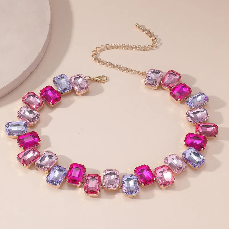 Pink Crystal Choker Necklace Geometric Clavicle Chain for Women