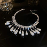 Water Drop Pearl Choker Necklaces for Women Long Tassel Crystal Necklaces
