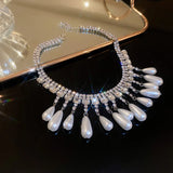 Water Drop Pearl Choker Necklaces for Women Long Tassel Crystal Necklaces