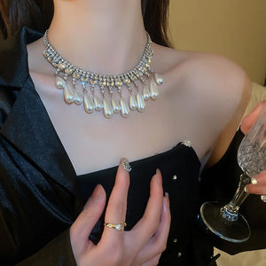 Water Drop Pearl Choker Necklaces for Women Long Tassel Crystal Necklaces
