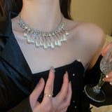 Water Drop Pearl Choker Necklaces for Women Long Tassel Crystal Necklaces