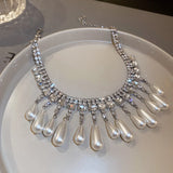 Water Drop Pearl Choker Necklaces for Women Long Tassel Crystal Necklaces