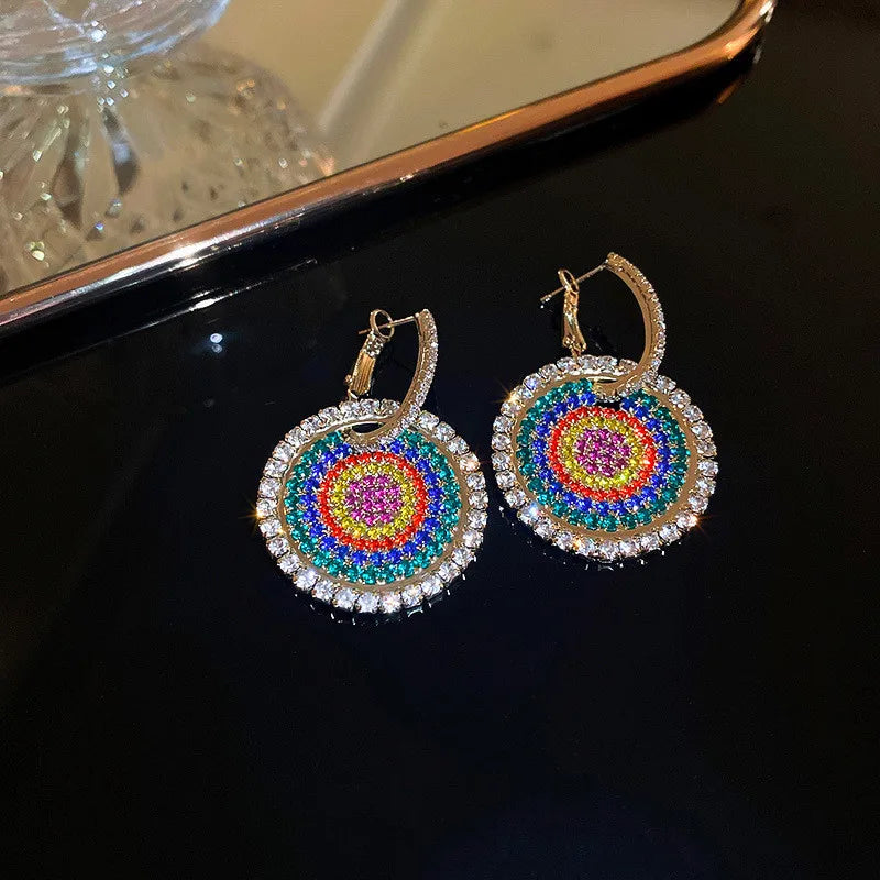 Colorful Rhinestones Hoop Earrings Geometric Heart Round Crystal Earrings