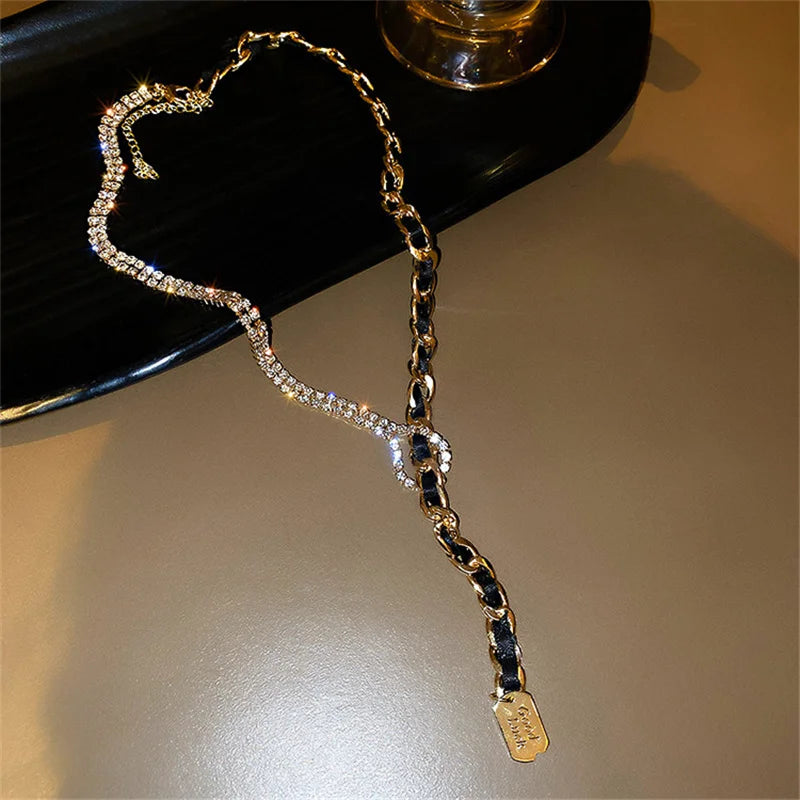 Golden Chain Choker Necklace with Tassel Rhinestones