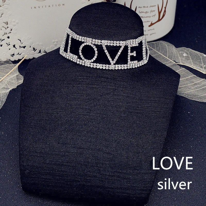 Sexy Rhinestone Choker Necklaces for Women Kiss Love Letter Crystal Necklaces