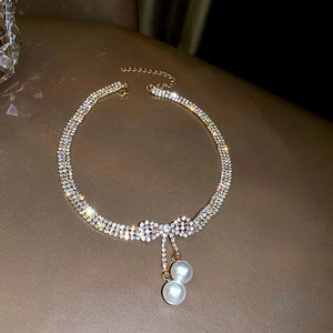 Bowknot Rhinestone Choker Necklaces Pearl Pendant Weddings Jewelry