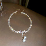 Bowknot Rhinestone Choker Necklaces Pearl Pendant Weddings Jewelry