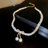 Bowknot Rhinestone Choker Necklaces Pearl Pendant Weddings Jewelry
