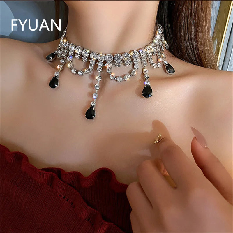 Vintage Water Drop Crystal Choker Necklace Long Tassel Rhinestones