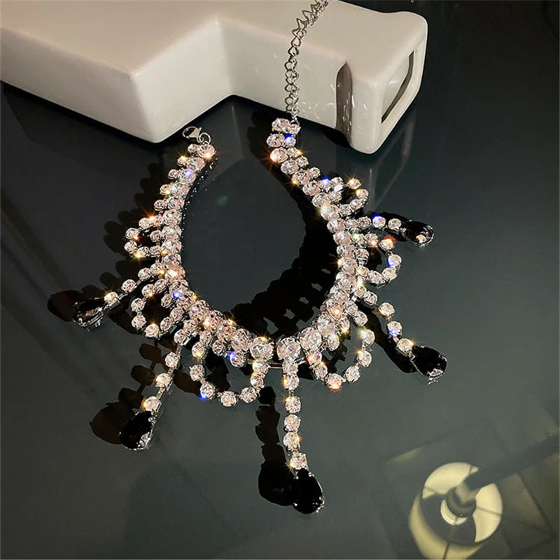 Vintage Water Drop Crystal Choker Necklace Long Tassel Rhinestones