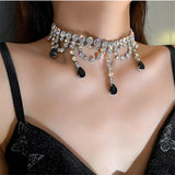 Vintage Water Drop Crystal Choker Necklace Long Tassel Rhinestones