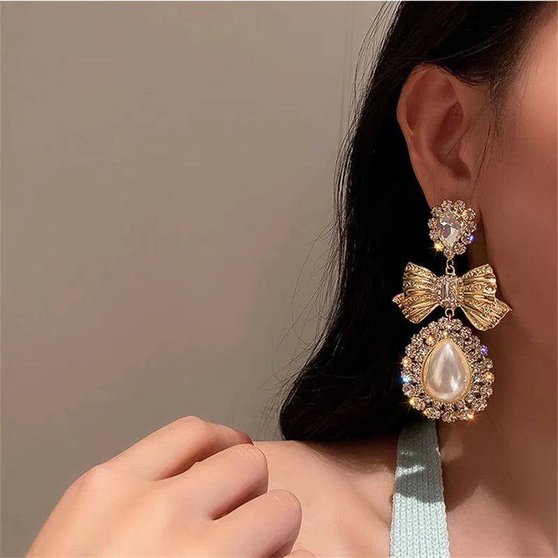 Vintage Bowknot Crystal Earrings Pearl Dangle Earrings Statement Jewelry