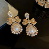Vintage Bowknot Crystal Earrings Pearl Dangle Earrings Statement Jewelry