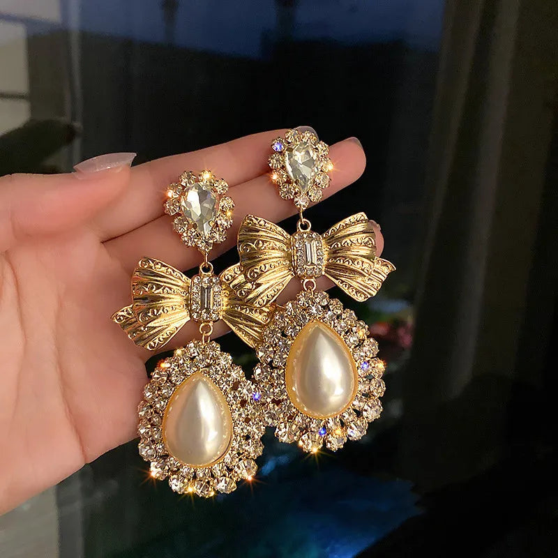 Vintage Bowknot Crystal Earrings Pearl Dangle Earrings Statement Jewelry
