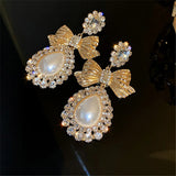 Vintage Bowknot Crystal Earrings Pearl Dangle Earrings Statement Jewelry