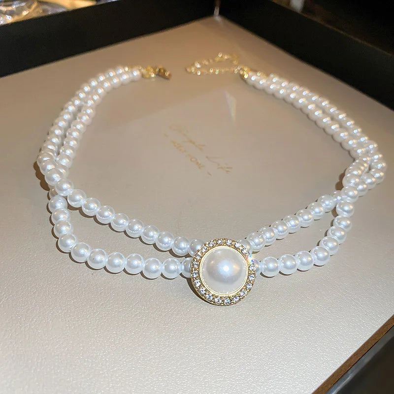 Vintage Pearl Choker Necklace Geometric Crystal Wedding Jewelry