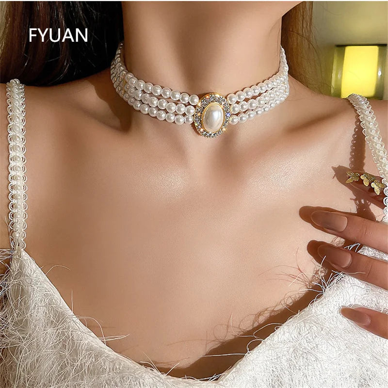 Vintage Pearl Choker Necklaces Short Crystal Necklaces Weddings Bride