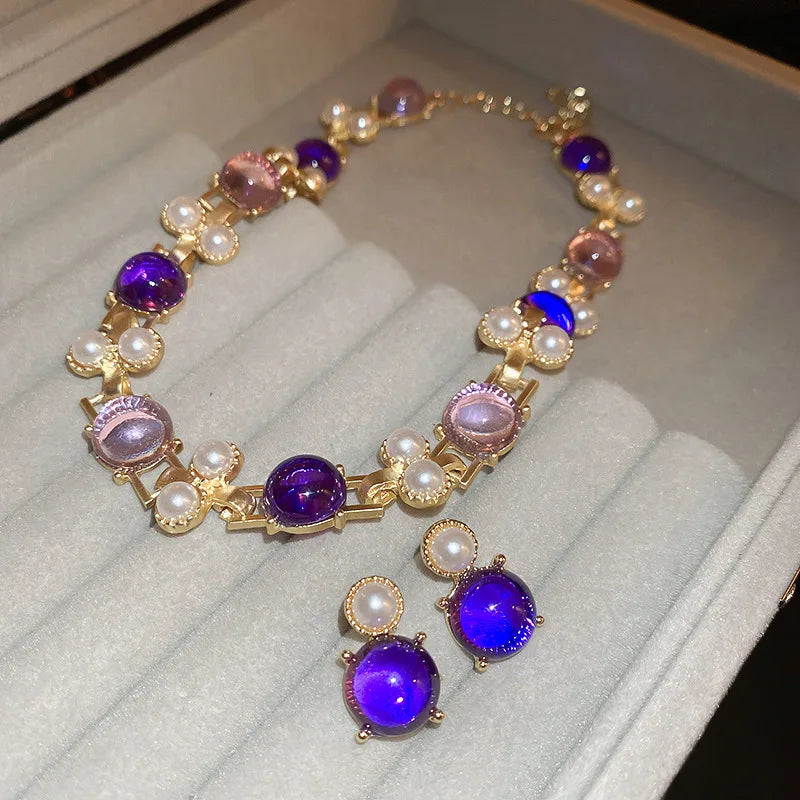 Vintage Pearl Geometric Necklace Earrings For Women
