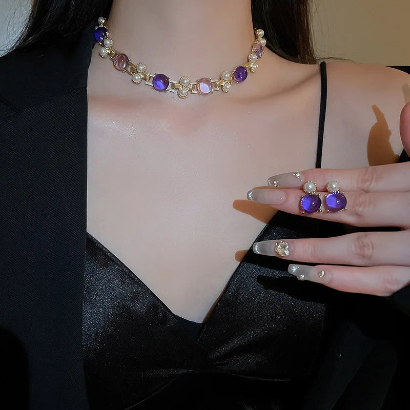 Vintage Pearl Geometric Necklace Earrings For Women