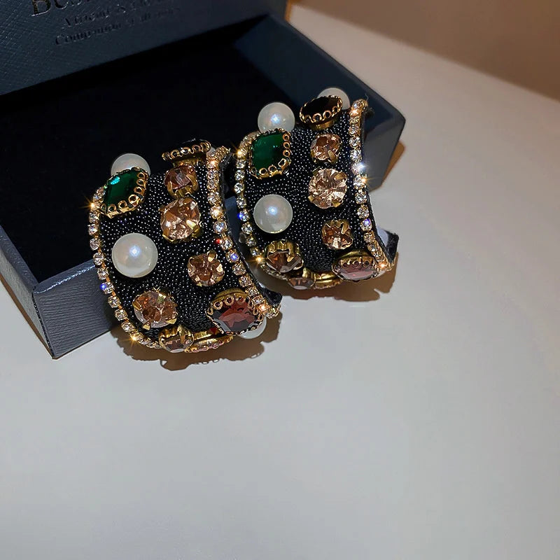 Colorful Crystal Pearl Hoop Earrings for Women Statement Jewelry
