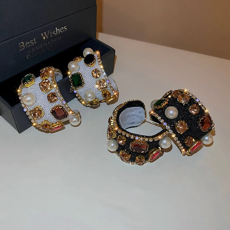 Colorful Crystal Pearl Hoop Earrings for Women Statement Jewelry