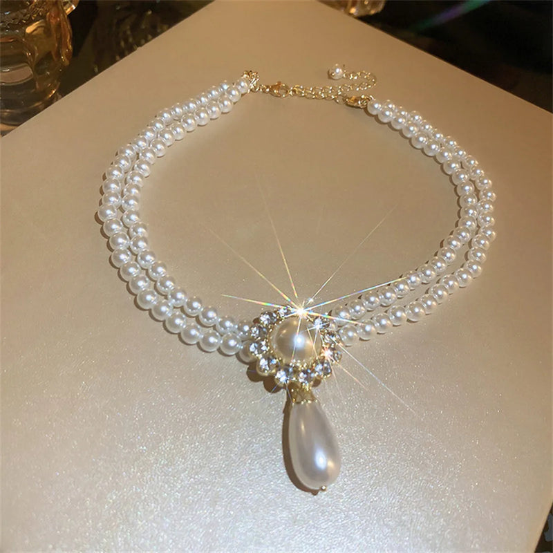 Water Drop Crystal Choker Necklace Pearl Jewelry for Women