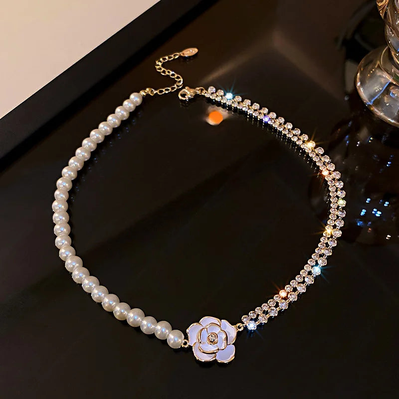 Flower Crystal Choker Necklace Pearl Rhinestone Wedding Jewelry