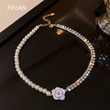 Flower Crystal Choker Necklace Pearl Rhinestone Wedding Jewelry