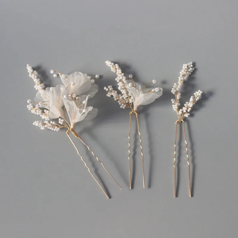 Fabric Floral Bridal Hair Pins Clips Pearls Wedding Hair Pieces