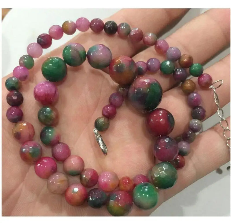 Multicolor Jade Round Gems Beads Necklace 18"