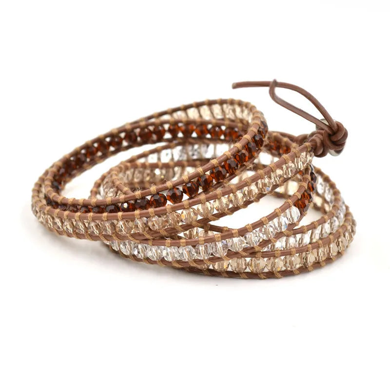 Crystal Wrap Bracelet for Women Claret Red Champagne 5 Strand Leather Boho