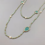 Faceted Aqua Quartz Long Necklace With Pearls and Crystals