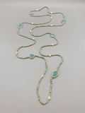 Faceted Aqua Quartz Long Necklace With Pearls and Crystals