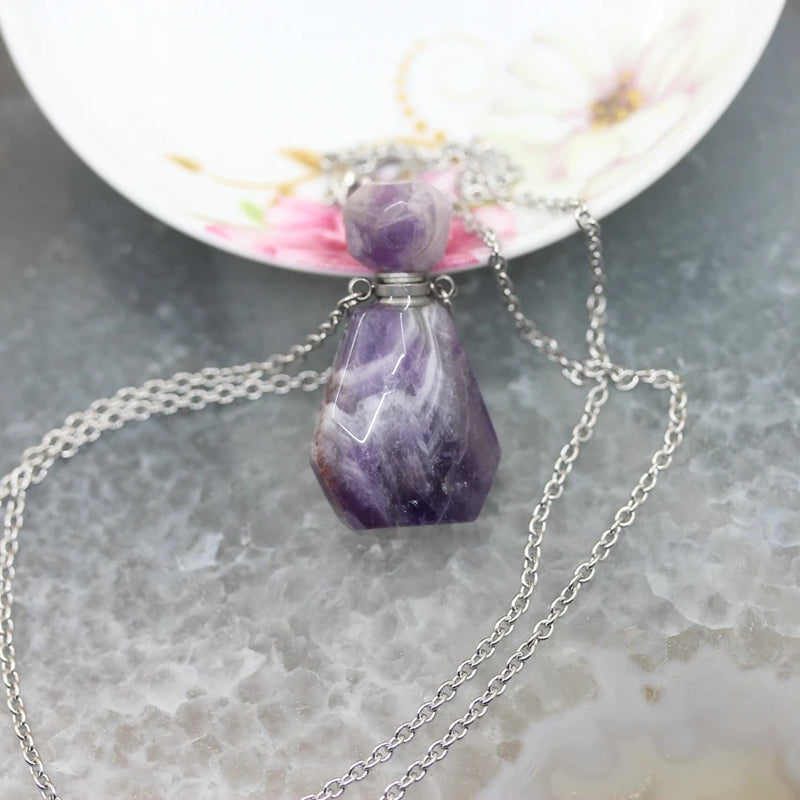 Faceted Fluorite Amethysts Perfume Bottle Pendants Necklace
