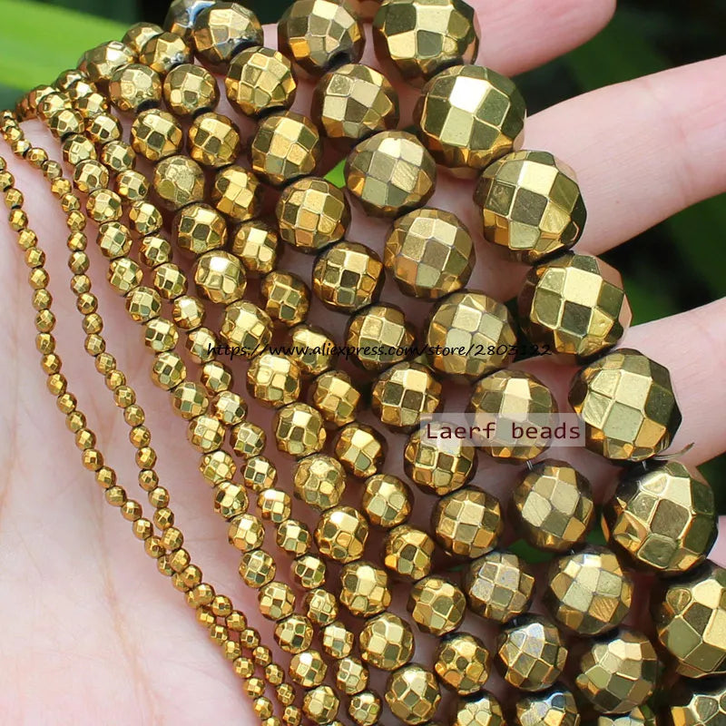 Faceted Golden Hematite Round Loose Beads 2-12mm