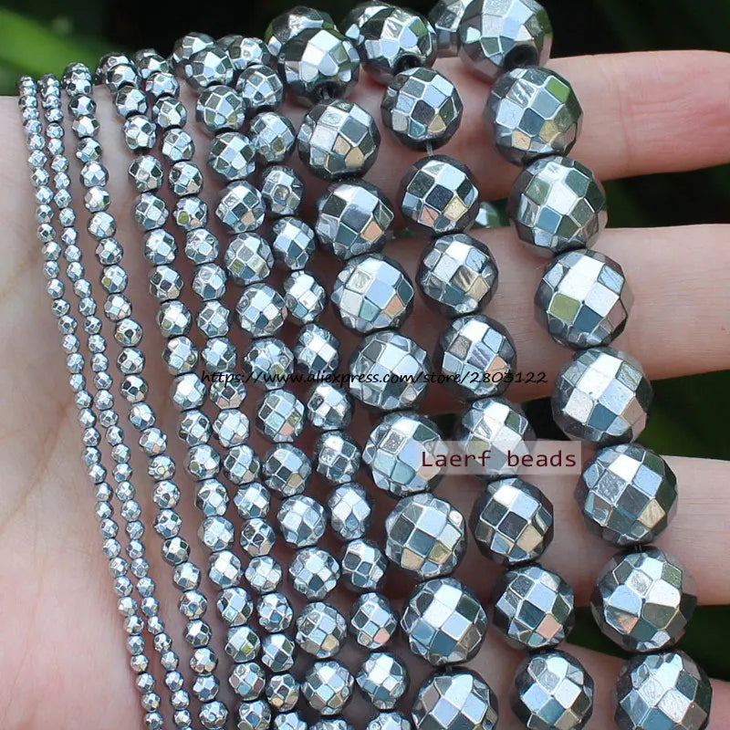 Faceted Natural Hematite Silver Round Loose Beads 2-12mm