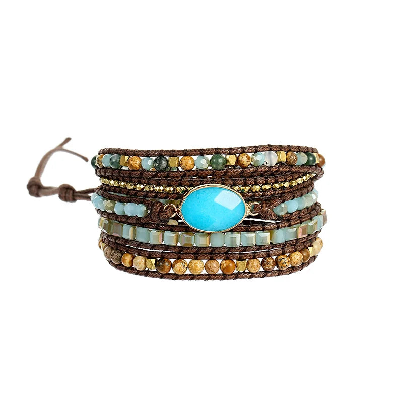 Faceted Oval Jaspers Wrap Bracelet Ethnic Hematite Crystal Beaded Jewelry