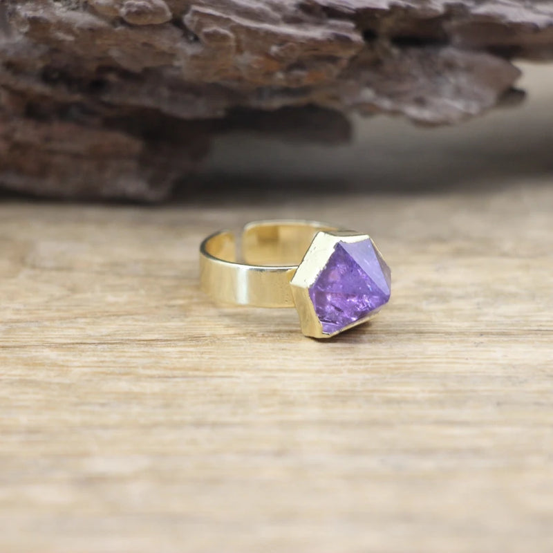 Raw Amethysts Circle Finger Ring Healing Crystal Quartz Druzy, QC4097
