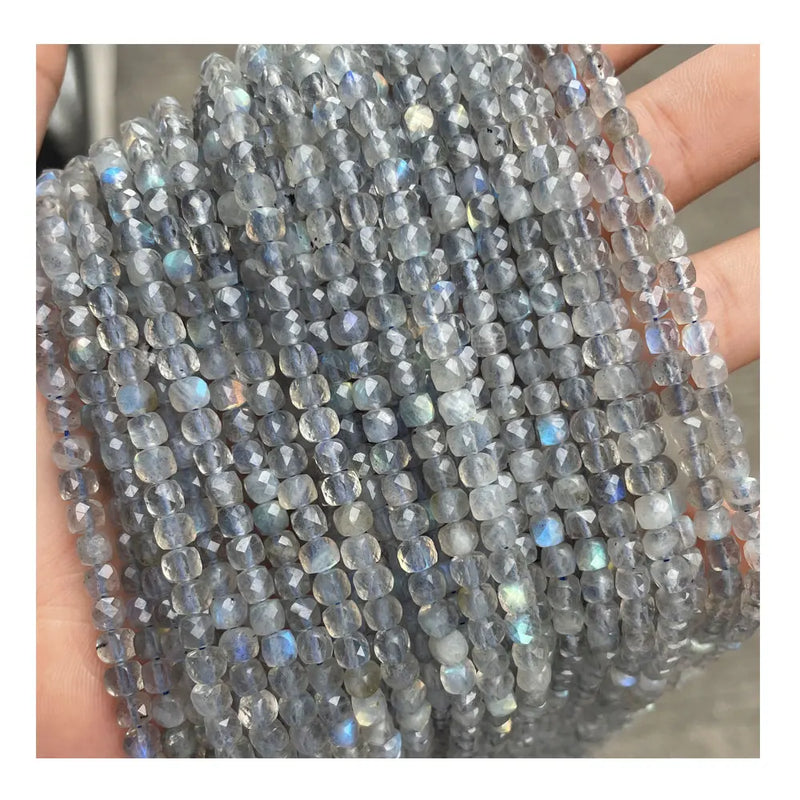 4mm Labradorite Rondelle Beads, Grey Stone Faceted Square Shape Loose Gemstone