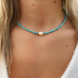 Faceted Turquoise Necklace Gemstones Natural Pearl Beaded 14K Filled