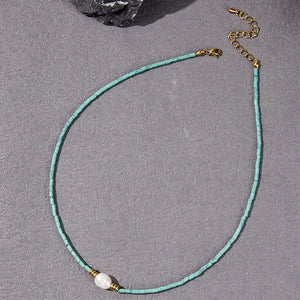 Faceted Turquoise Necklace Nature Pearl Beaded 14K Filled Collier Femme Women