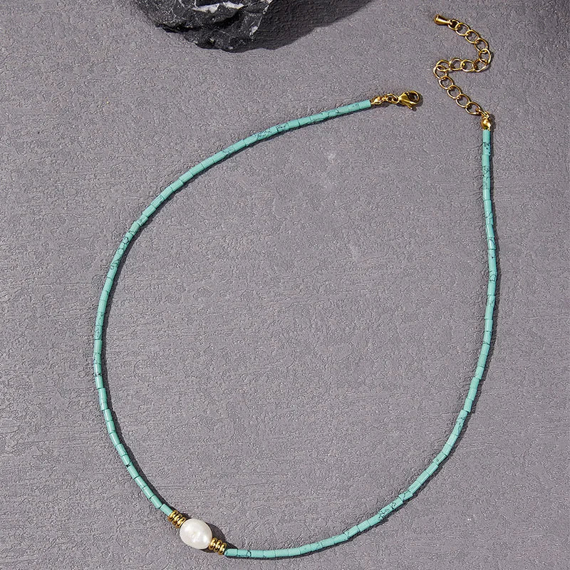 Faceted Turquoise Necklace Nature Pearl Beaded 14K Filled Collier Femme Women