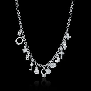 925 Sterling Silver 18 inch Zircon Key Moon Heart Star Cross Necklace