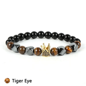 Men Tiger Eye Lapis Beaded Stretch Bracelet CZ Crown Charm