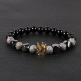 Men Tiger Eye Lapis Beaded Stretch Bracelet CZ Crown Charm