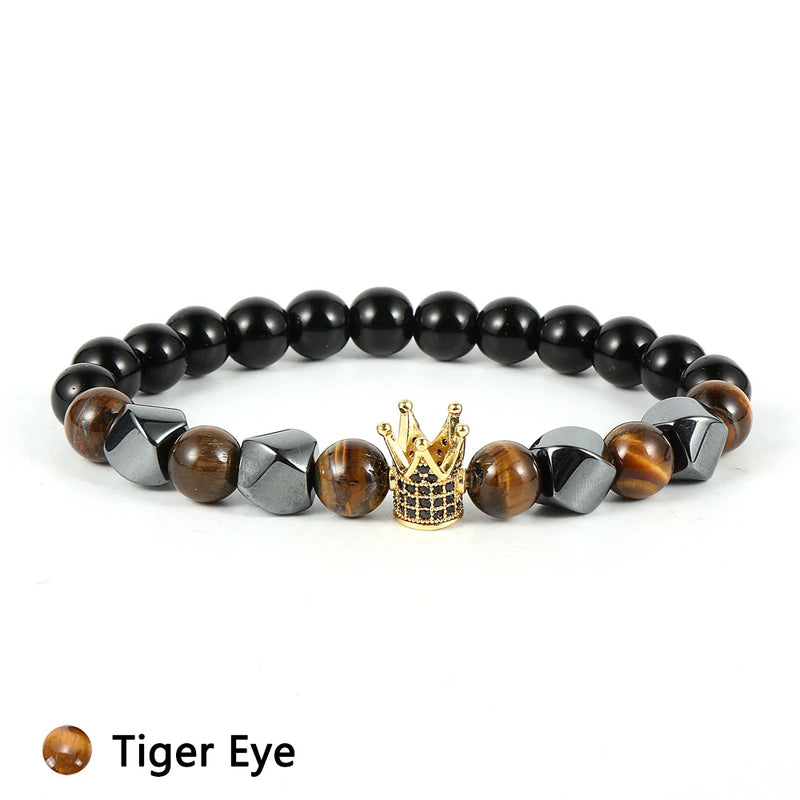 Men Tiger Eye Lapis Beaded Stretch Bracelet CZ Crown Charm