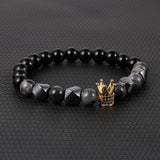 Men Tiger Eye Lapis Beaded Stretch Bracelet CZ Crown Charm